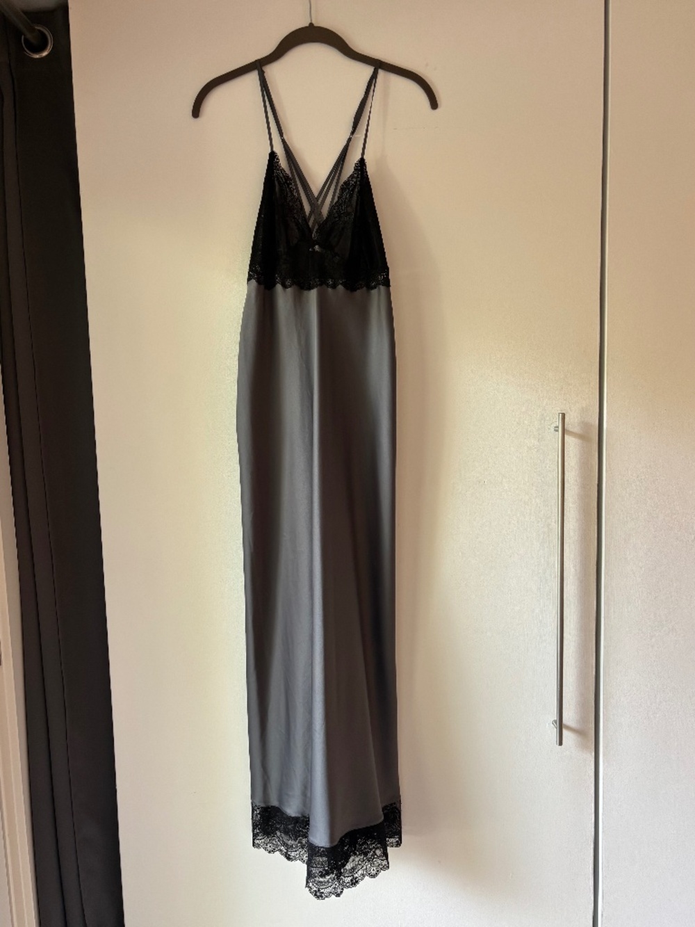 M&S Charcoal Satin Maxi Nightgown | Strappy Back, Side Slit & Black Lace | UK 14